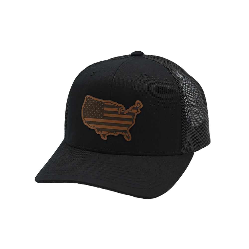Black cap with brown USA map design on a white background