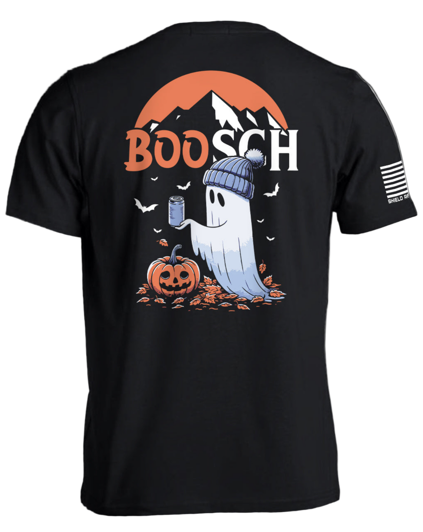 Black t-shirt with Halloween-themed design featuring a ghost and pumpkin, on a white background.