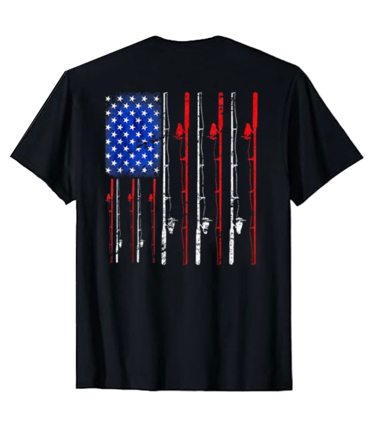 Black t-shirt with American flag design on the back against a white background