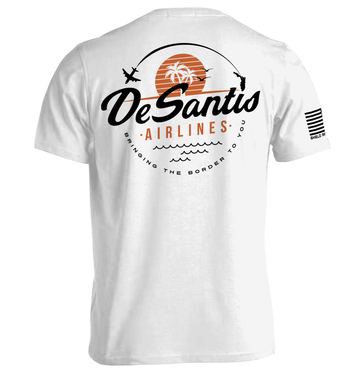 White t-shirt with 'DeSantis Airlines' graphic design on a white background