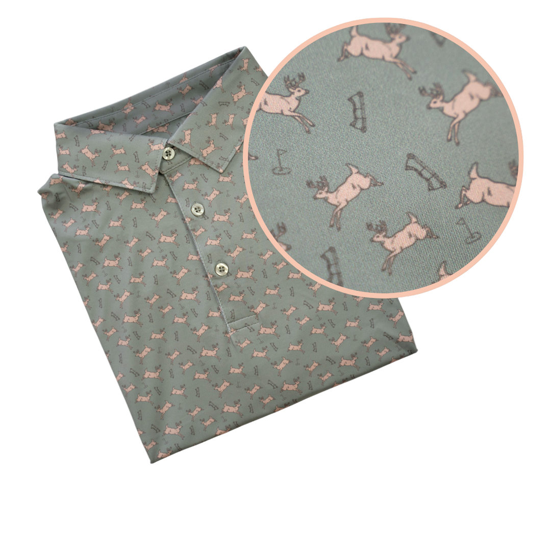 Green shirt with deer pattern and close-up of pattern on a white background