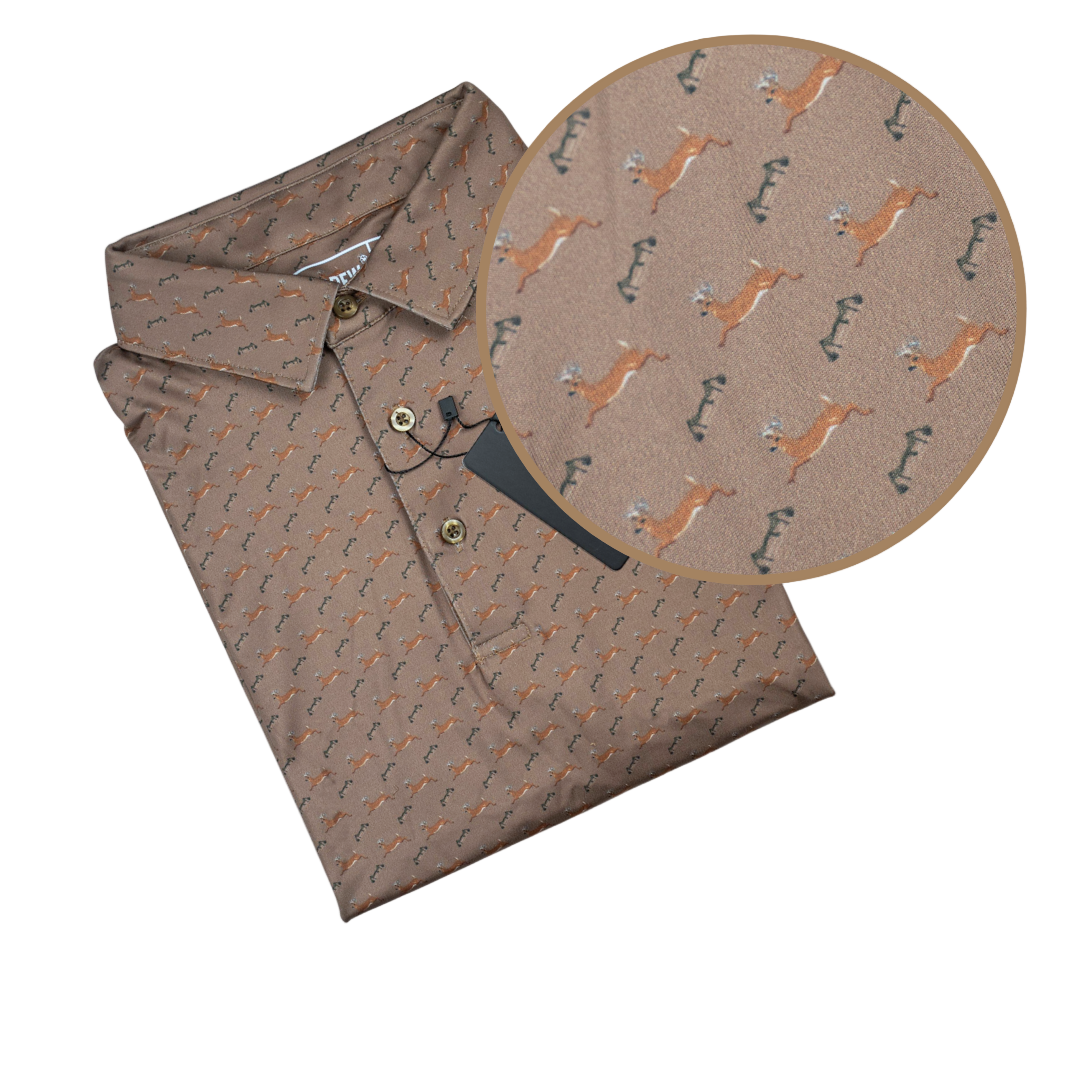 Folded brown shirt with dog pattern on a white background