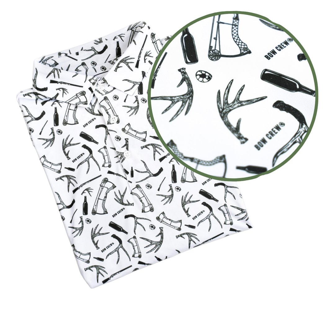 Patterned paper with hunting-themed illustrations on a white background