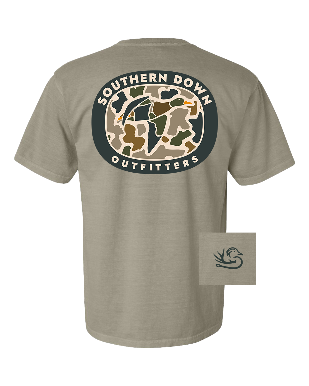 Beige t-shirt with 'Southern Down Outfitters' logo on the back, on a white background.