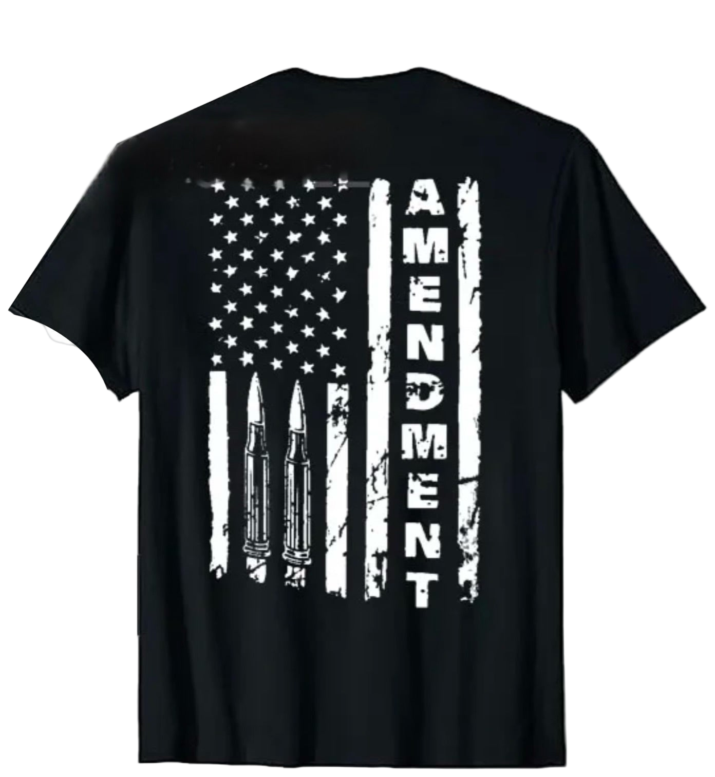 Black t-shirt with American flag and ammunition graphic on the back, featuring the word 'Amendment'.