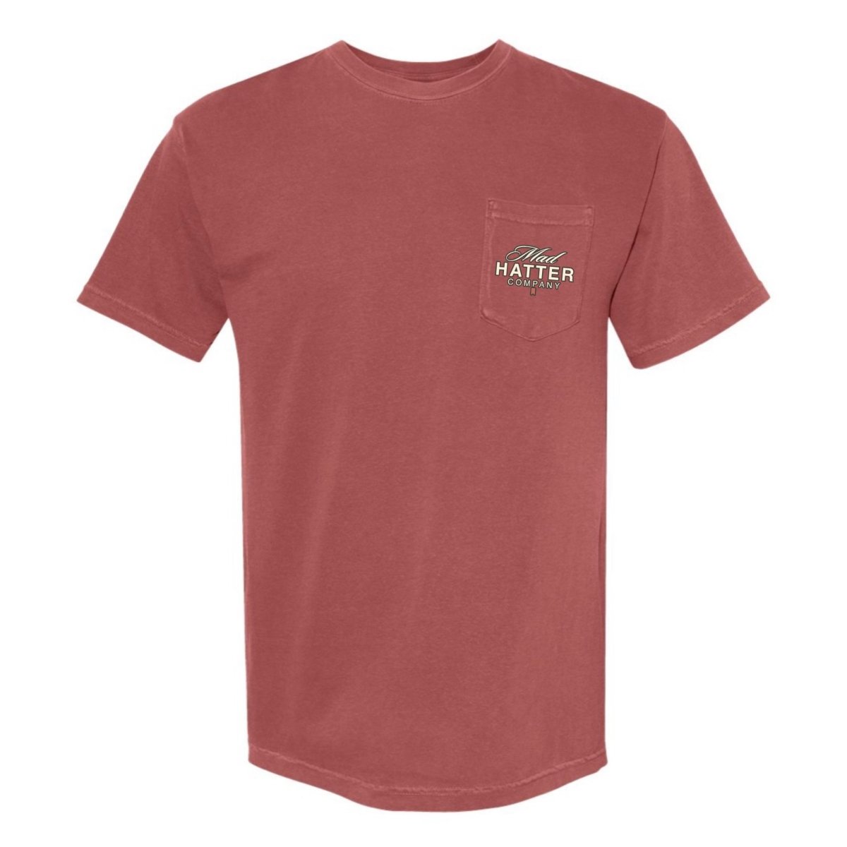 Dusty rose t-shirt with "Hatter" embroidered on the pocket