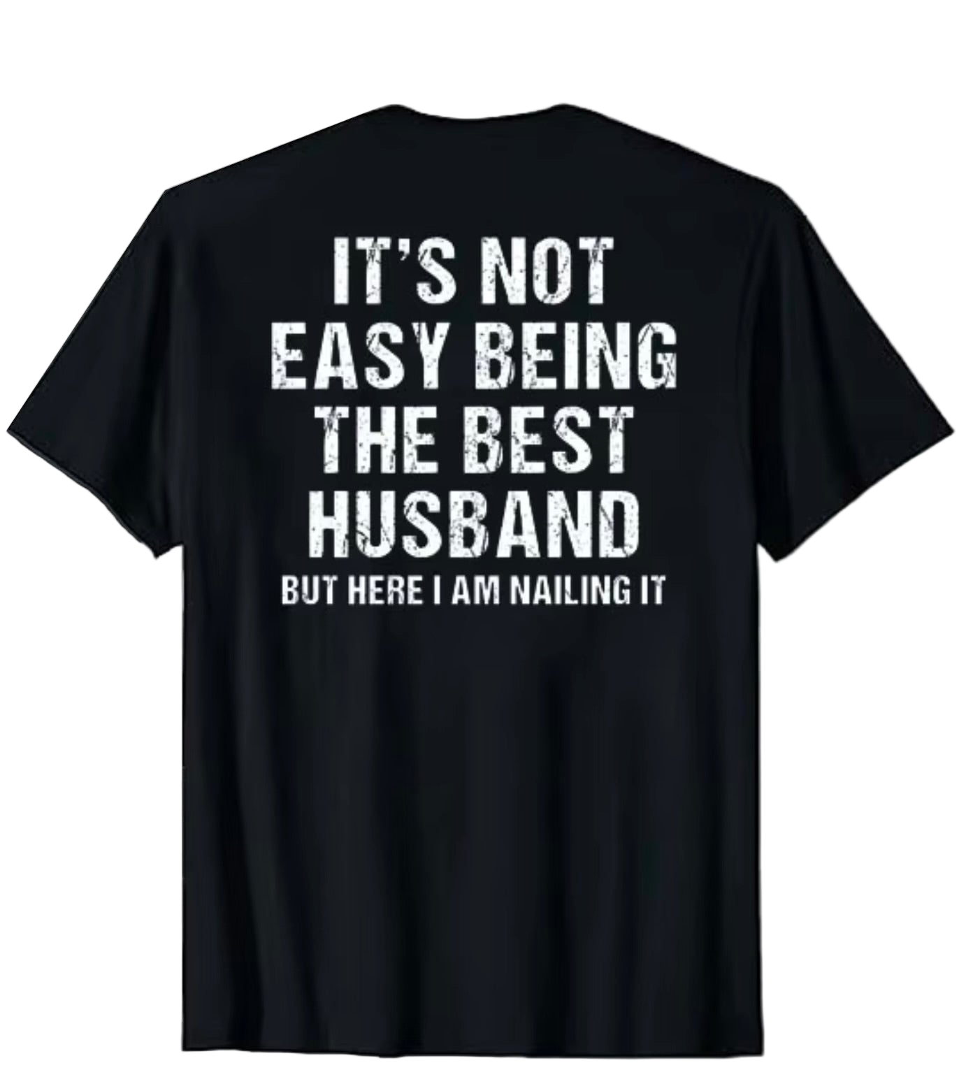 Black t-shirt with white text on a white background