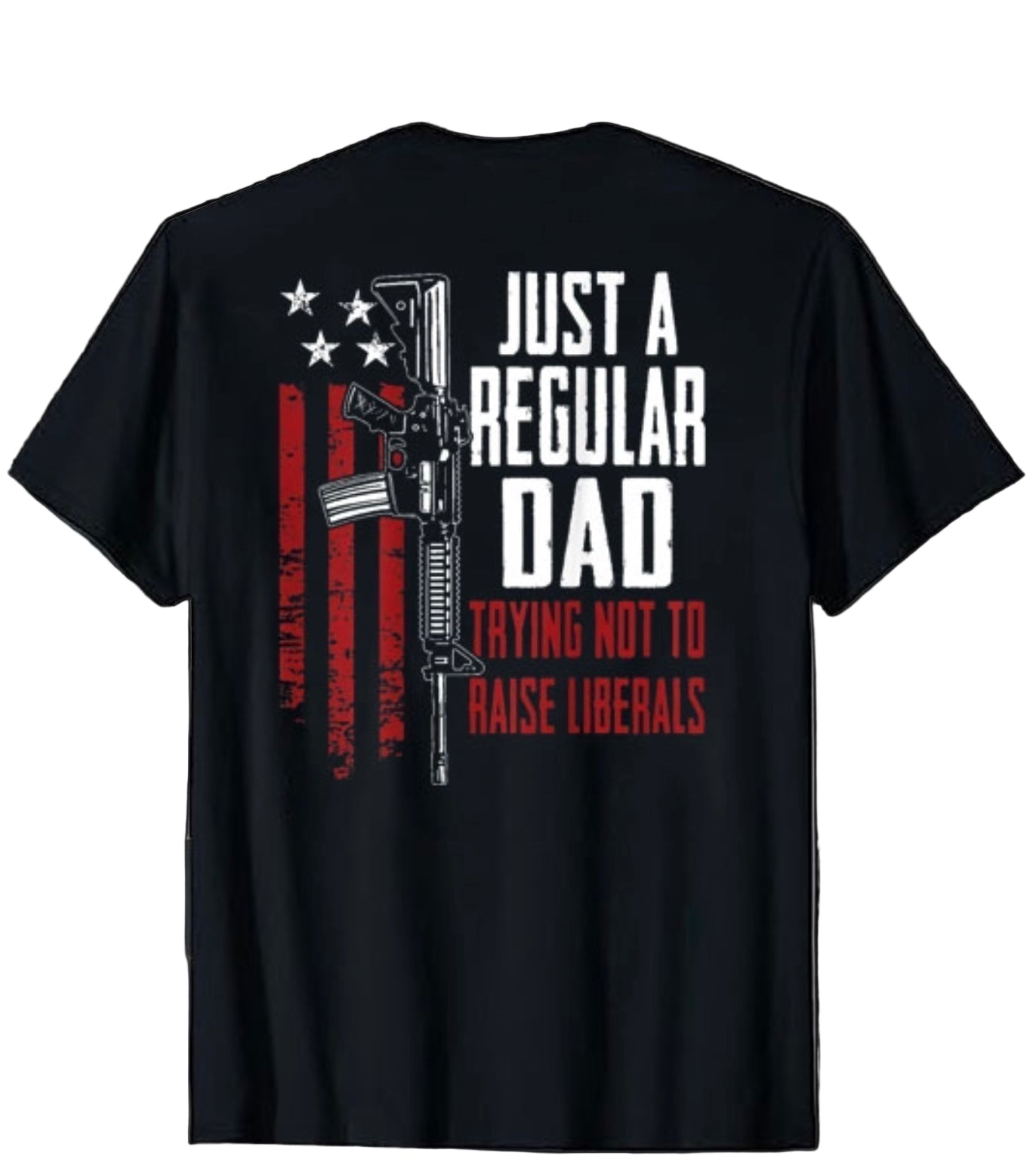 Black t-shirt with an American flag graphic and text on a white background