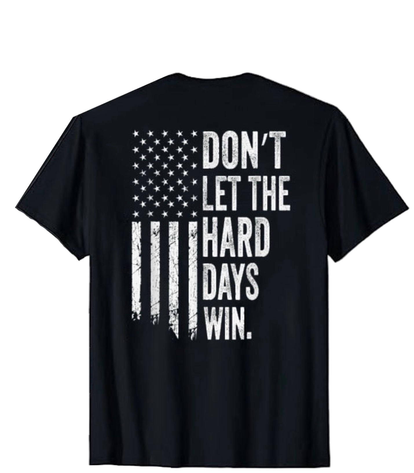 Black t-shirt with American flag and motivational text on a white background