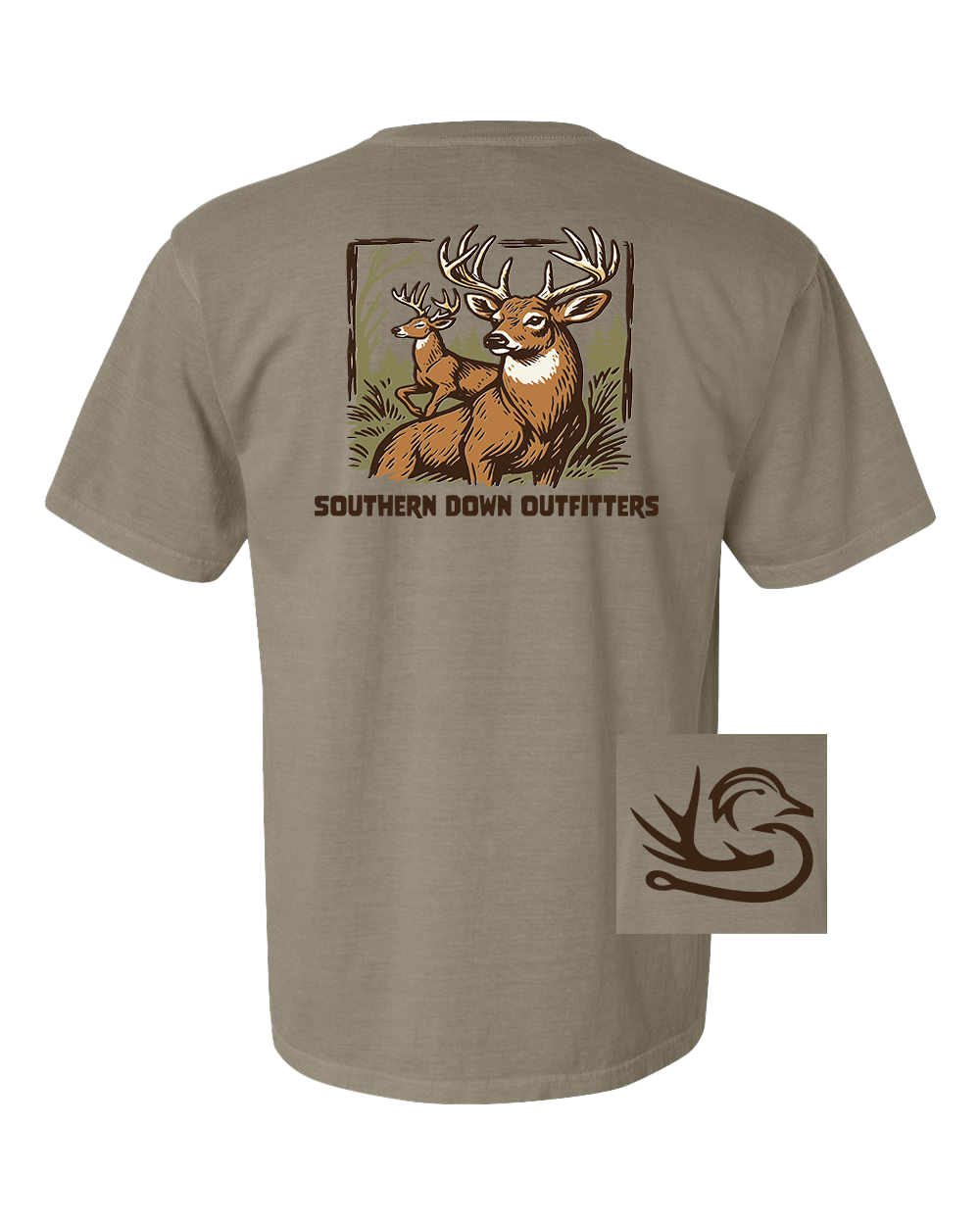 Olive hunting t shirt featuring a detailed deer graphic, perfect for outdoor hunting lifestyle lovers.