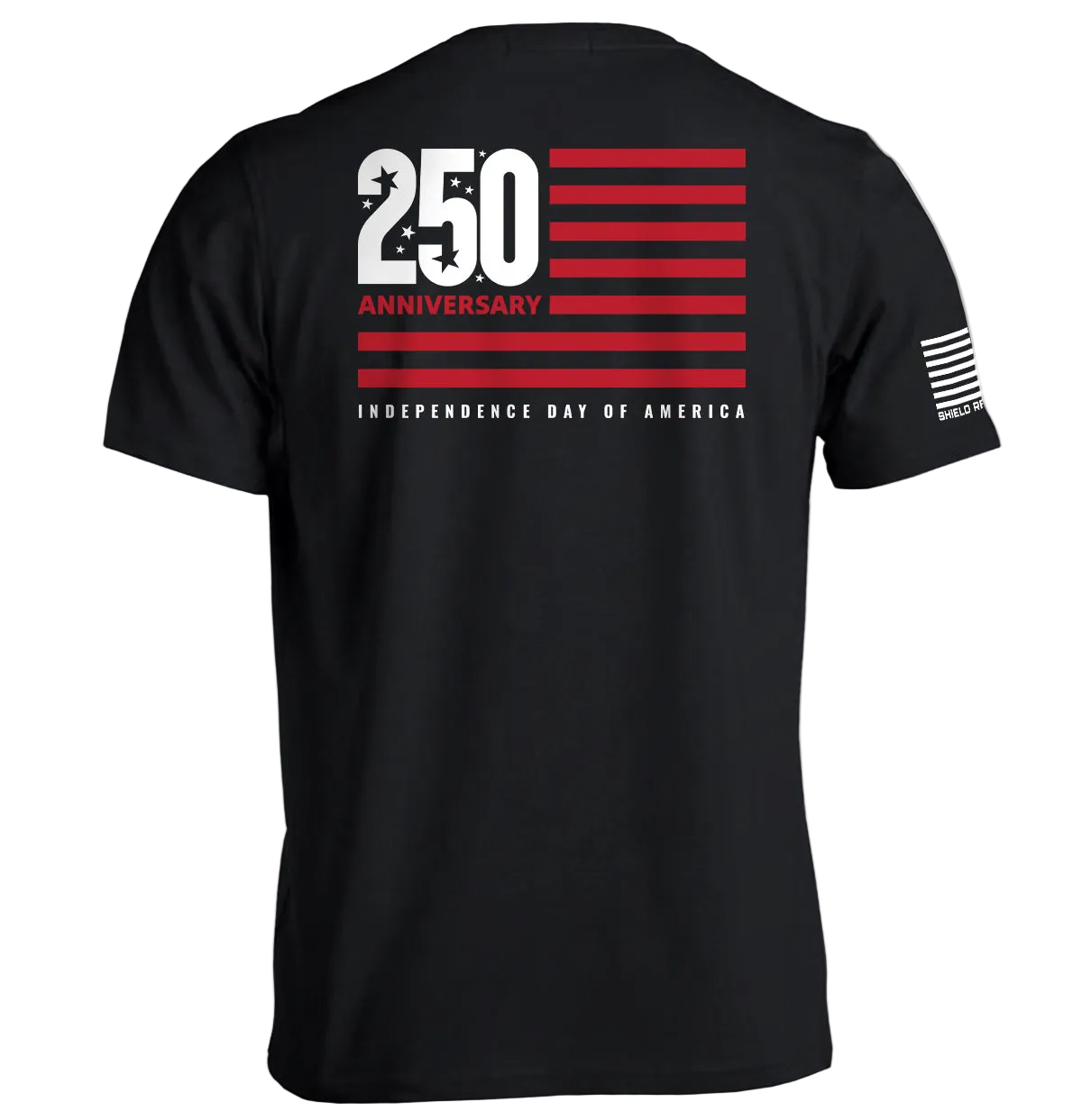Patriotic T-Shirts - 250th Anniversary Independence Day graphic tee with American flag design on a black shirt.