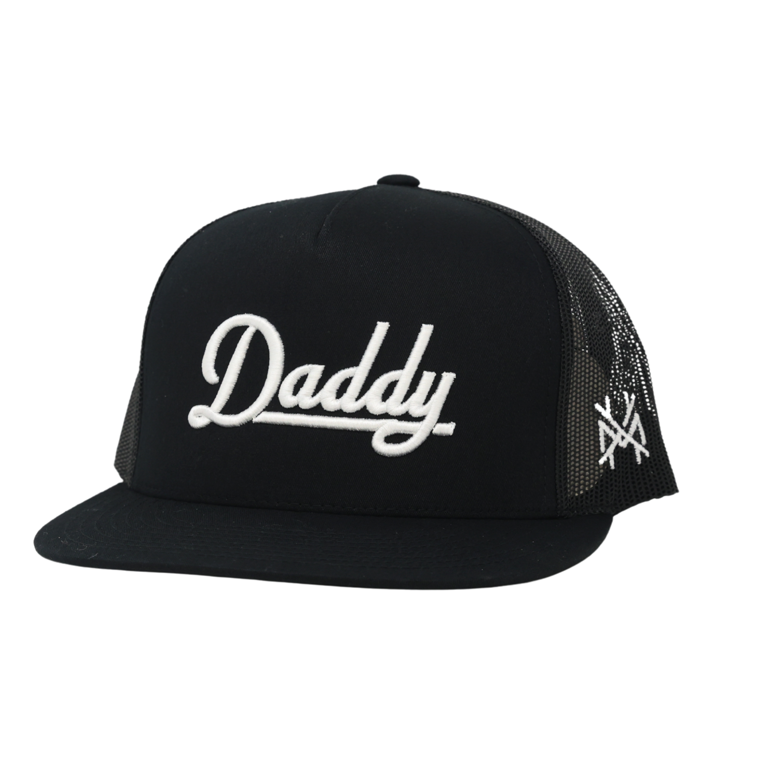 Black funny mesh hat with 'Daddy' embroidered in white letters, front view.