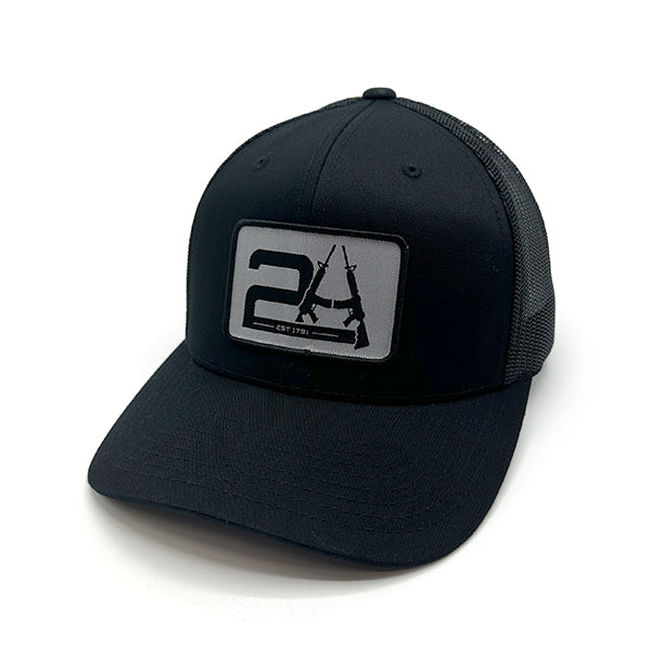 Black mesh cap featuring embroidered 2a hats design symbolizing Second Amendment values and American freedom.