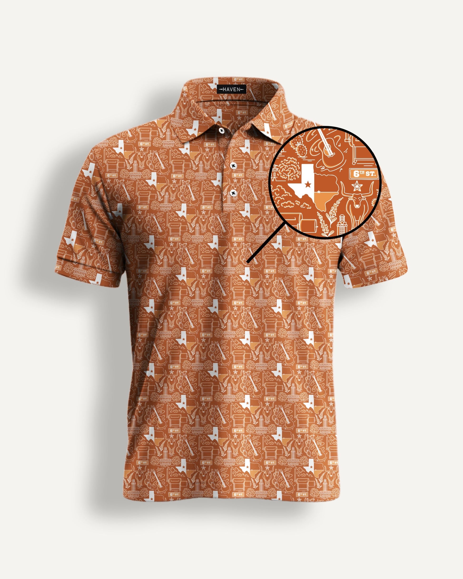 Texas football polo shirt with burnt-orange design showcasing state-inspired motifs by Haven Golf.