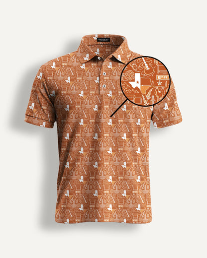 Texas football polo shirt with burnt-orange design showcasing state-inspired motifs by Haven Golf.