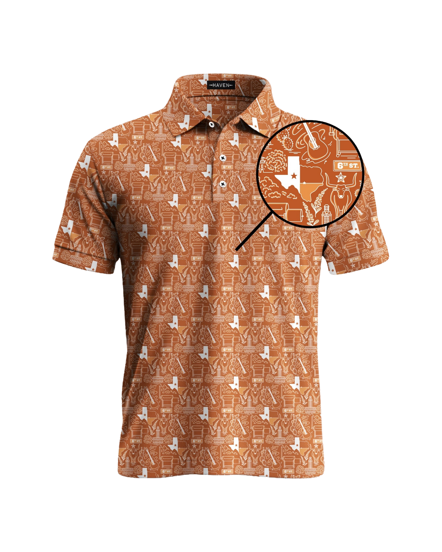 Texas football polo shirt in burnt orange with map and icons design, perfect for game day style and comfort.