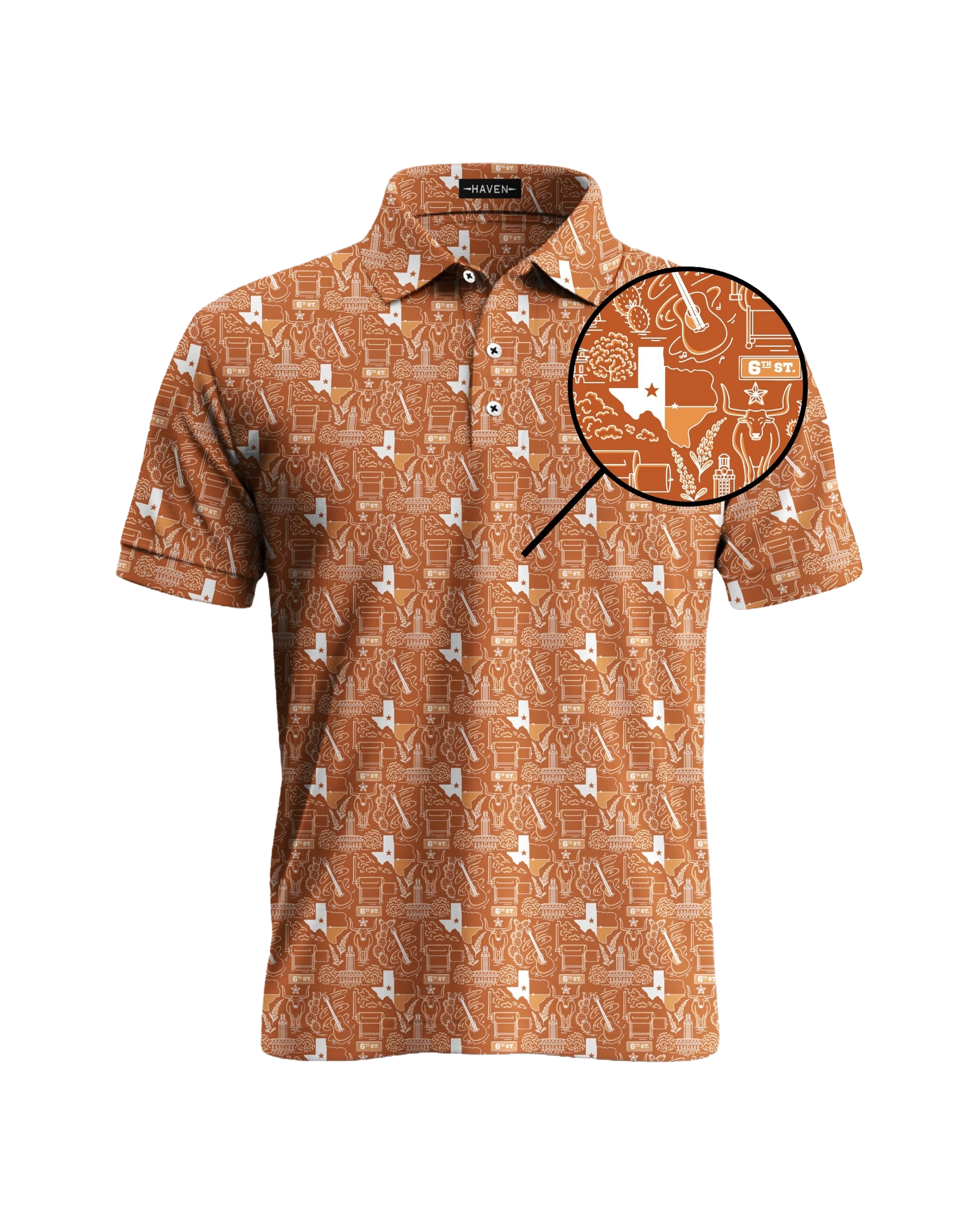 Texas football polo shirt in burnt orange with map and icons design, perfect for game day style and comfort.
