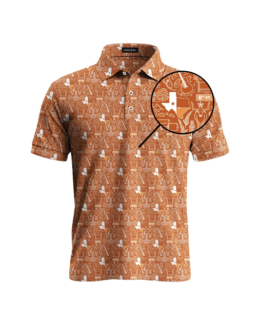 Texas football polo shirt in burnt orange with map and icons design, perfect for game day style and comfort.