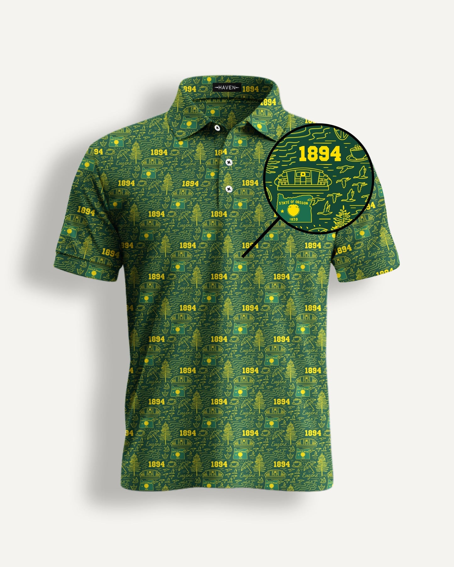 Oregon football polo shirt by Haven Golf featuring a green and yellow pattern with "The Flock" design and subtle graphics.