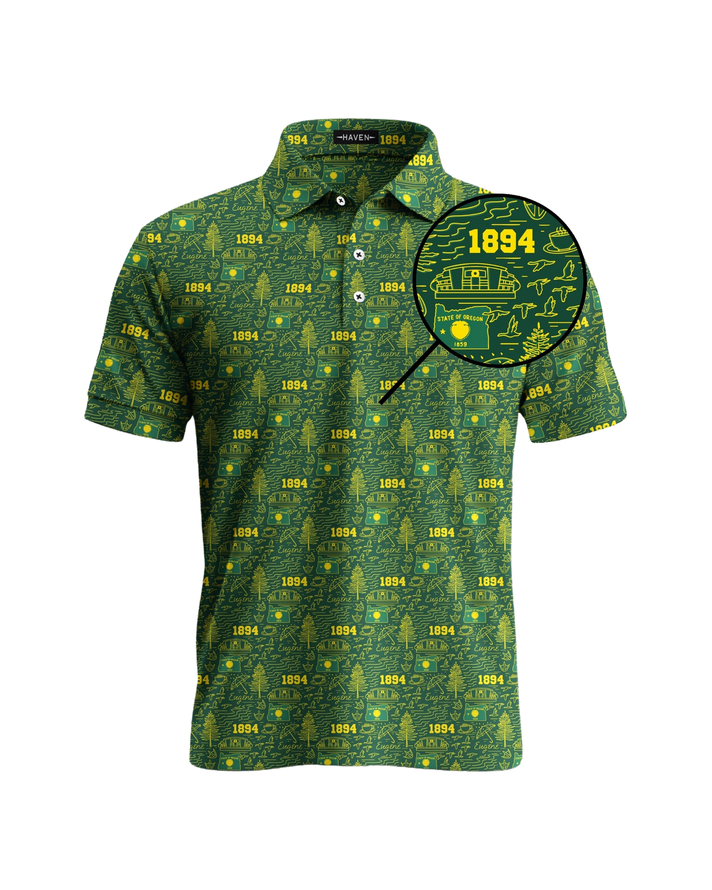 Oregon football polo shirt with green and yellow pattern by Haven Golf, showcasing The Flock design and 1894 graphic.