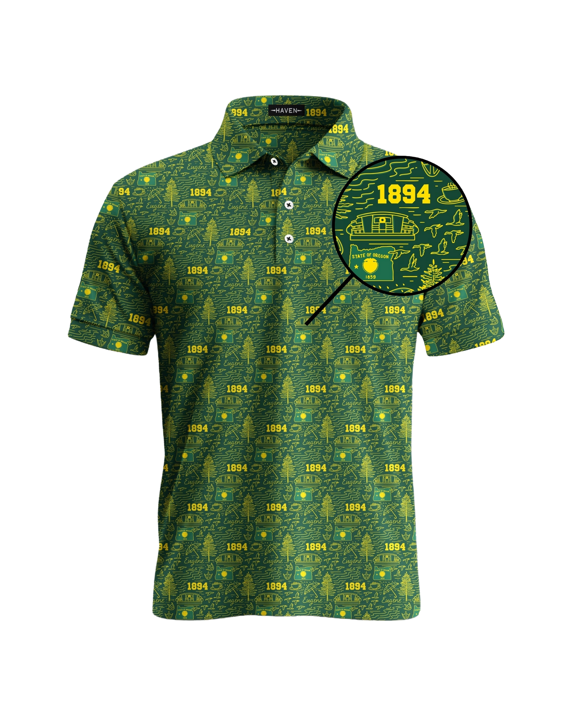 Oregon football polo shirt with green and yellow pattern by Haven Golf, showcasing The Flock design and 1894 graphic.