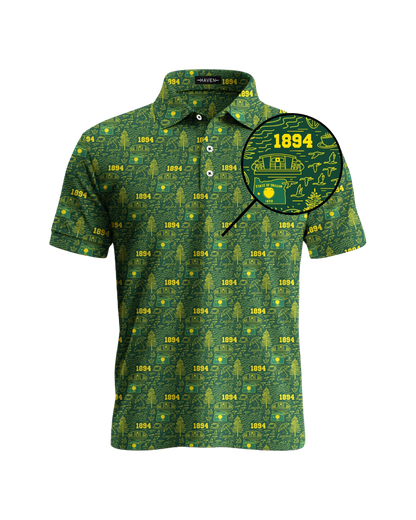 Oregon football polo shirt with green and yellow pattern by Haven Golf, showcasing The Flock design and 1894 graphic.