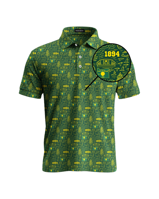 Oregon football polo shirt with green and yellow pattern by Haven Golf, showcasing The Flock design and 1894 graphic.