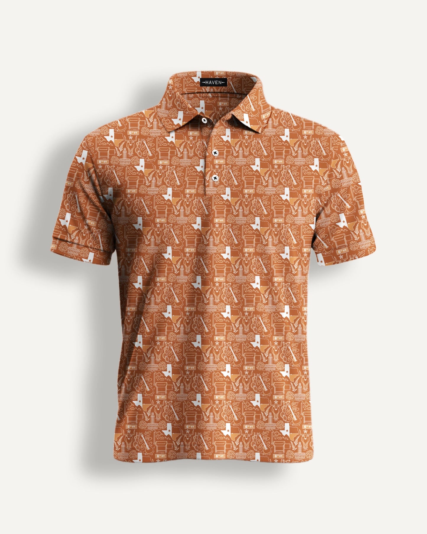 Texas football polo shirt in burnt-orange with all-over design, perfect for fans seeking comfort and style from Haven Golf.