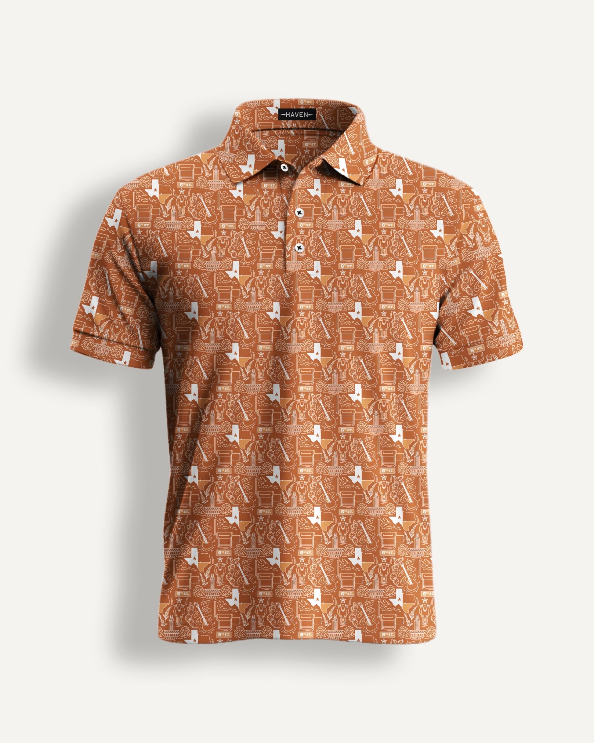Texas football polo shirt in burnt-orange with all-over design, perfect for fans seeking comfort and style from Haven Golf.