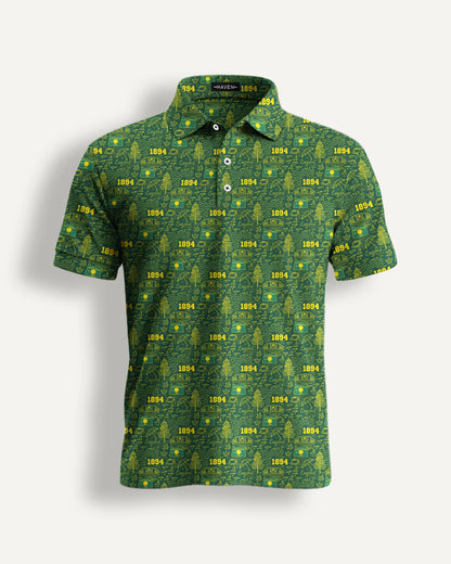 Oregon football polo shirt by Haven Golf with green and yellow pattern and The Flock design, inspired by University of Oregon culture.
