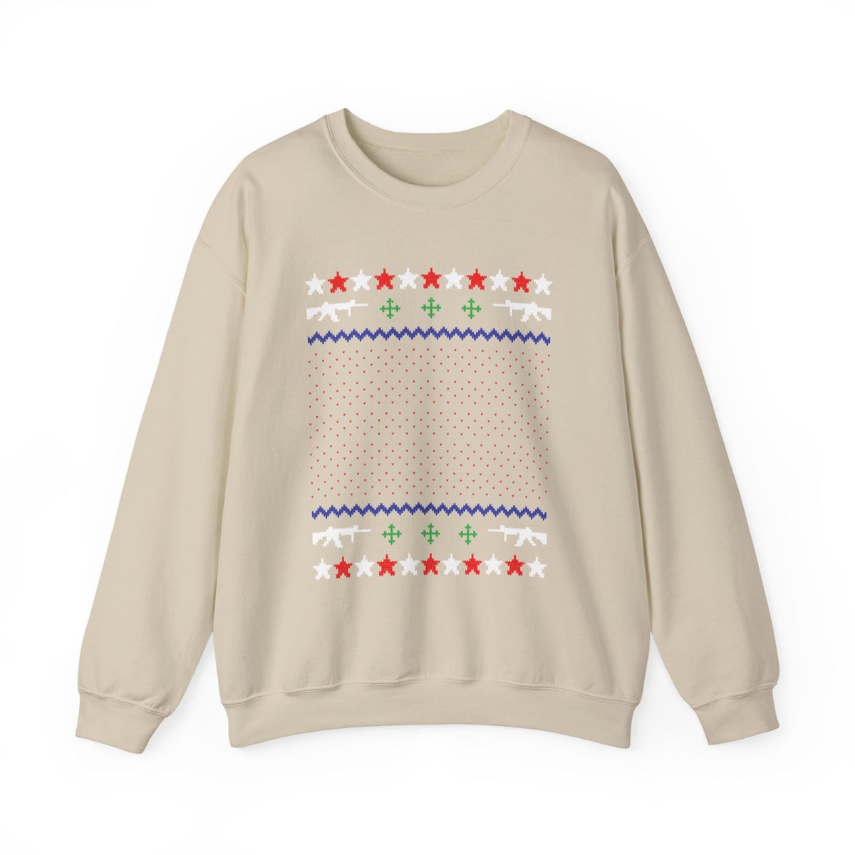 Gun Lover Christmas Sweatshirt featuring festive rifle silhouettes and holiday designs on a beige crewneck.