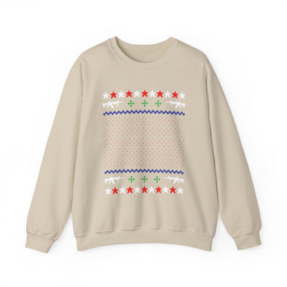 Gun Lover Christmas Sweatshirt featuring festive rifle silhouettes and holiday designs on a beige crewneck.