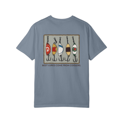 Blue t-shirt with fishing lure graphic and text on a white background