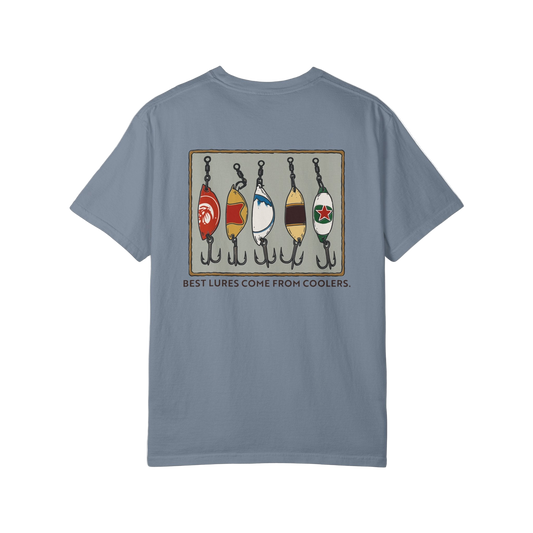 Blue t-shirt with fishing lure graphic and text on a white background