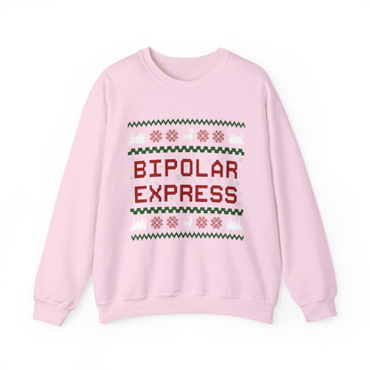 Bipolar Express Sweatshirt in pink with festive knit design and bold lettering for a humorous Christmas look.