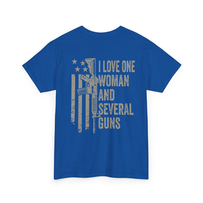 I Love One Woman and Several Guns Shirt featuring bold text and patriotic flag design on blue fabric.