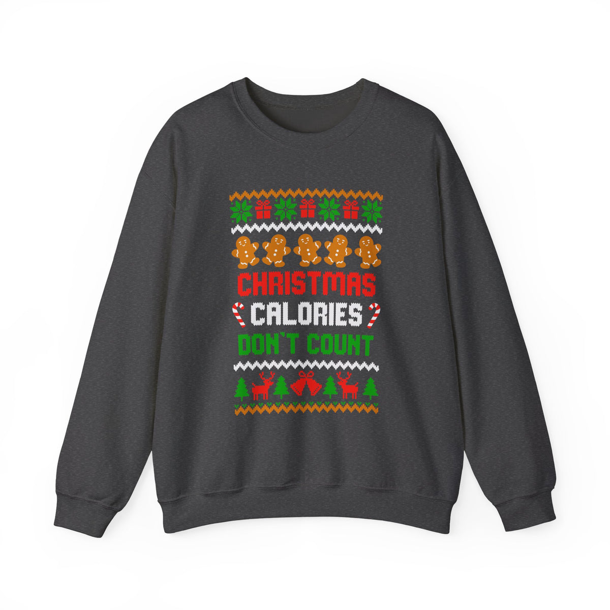 Christmas Calories Don't Count Sweatshirt featuring gingerbread cookies and festive lettering on a dark background.