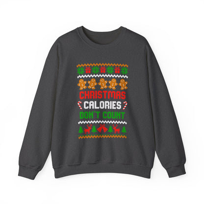Christmas Calories Don't Count Sweatshirt featuring gingerbread cookies and festive lettering on a dark background.