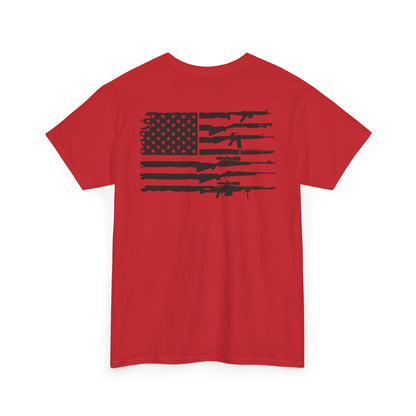 American Flag Gun Shirt featuring a bold USA flag graphic integrated with firearm silhouettes on a red background.