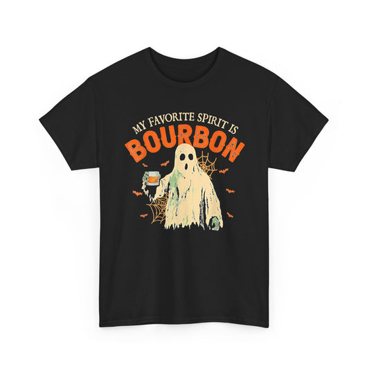 My Favorite Spirit Is Bourbon Shirt featuring a spooky ghost and whiskey design for Halloween.