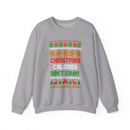 Christmas Calories Don't Count Sweatshirt featuring festive gingerbread cookies and cheerful holiday designs.