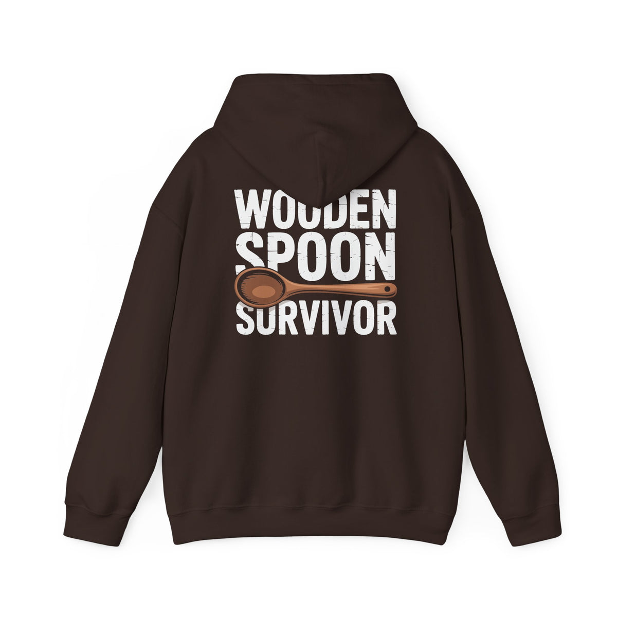 Wooden Spoon Survivor Hoodie featuring bold lettering and a spoon illustration on the back, perfect for nostalgia lovers.