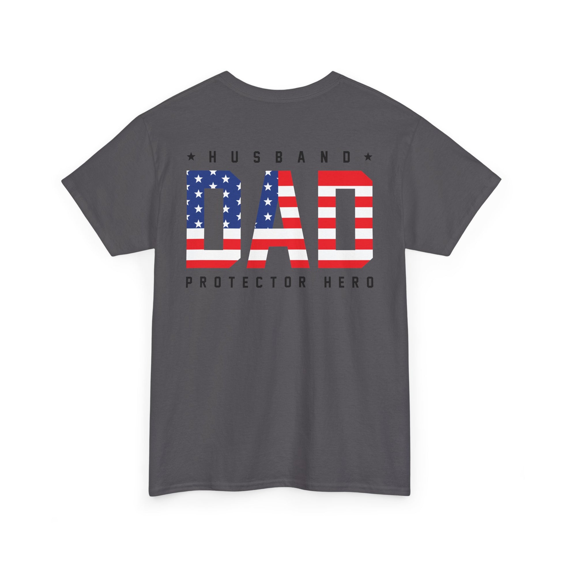Husband Dad Protector Shirt featuring patriotic American flag design on a gray background.