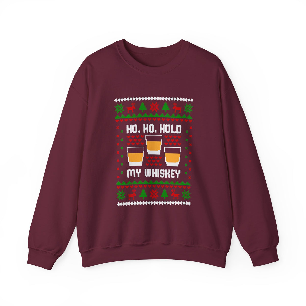Ho Ho Hold My Whiskey Sweatshirt featuring whiskey glasses and festive designs on a burgundy crewneck.