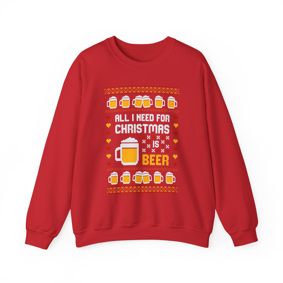 All I Need For Christmas Is Beer Sweatshirt in red with festive beer mug design and holiday graphics.
