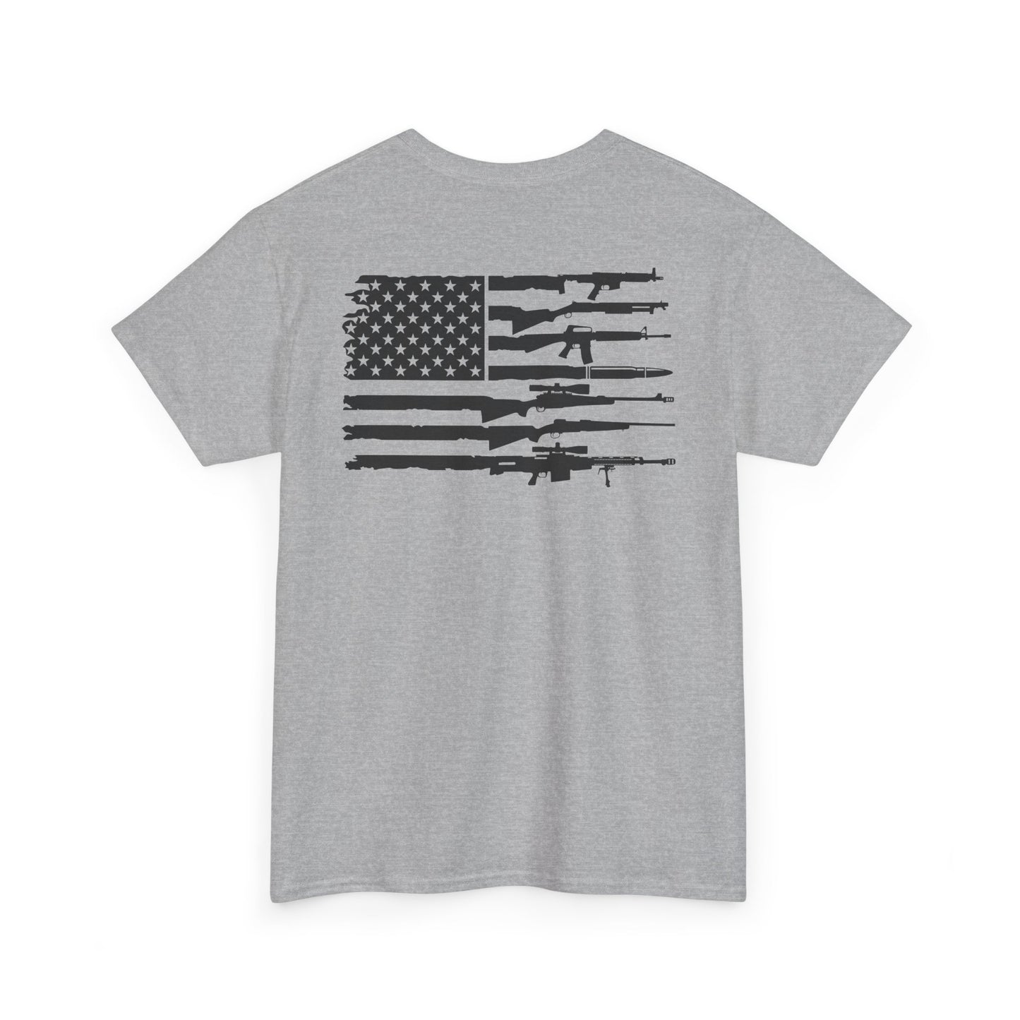 American Flag Gun Shirt featuring a graphic of rifles against a distressed American flag design on a gray t-shirt.