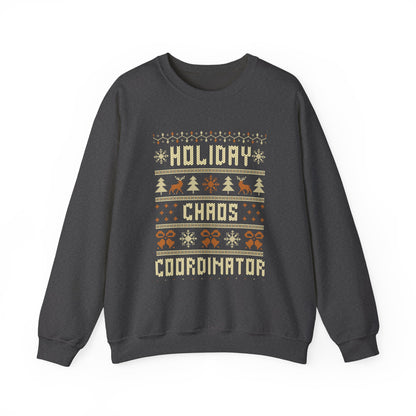 Holiday Chaos Coordinator Sweatshirt featuring festive design with reindeer, trees, and snowflakes.