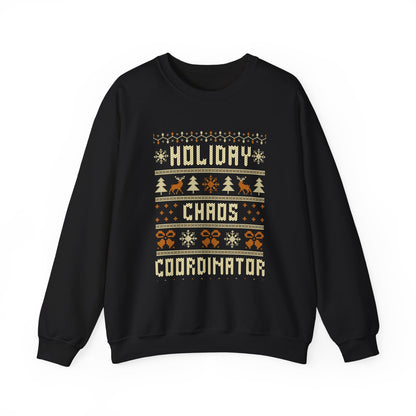 Holiday Chaos Coordinator Sweatshirt featuring festive design with reindeer, trees, and snowflakes.