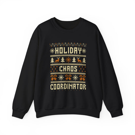 Holiday Chaos Coordinator Sweatshirt featuring festive design with reindeer, trees, and snowflakes.