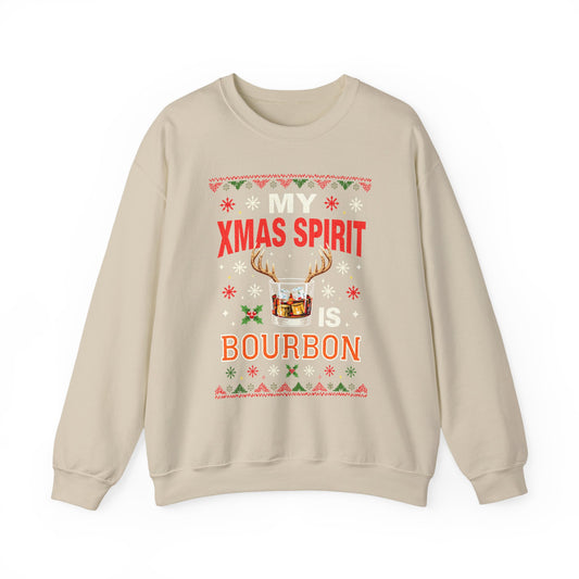 My Xmas Spirit Is Bourbon Sweatshirt featuring festive graphics and a humorous holiday design.